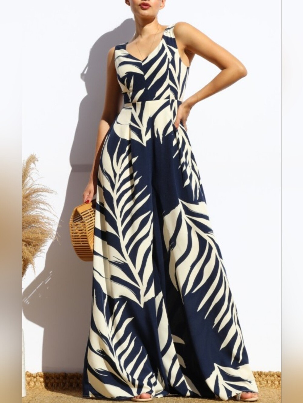 Women's Tropical Print Jumpsuit Wide Leg in Navy & Cream-Small NWT